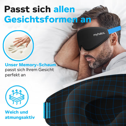 MyHalos® Sleep Mask – Blackout Sleep Mask for Women – 3D Sleep Mask for Men for Comfort without Pressure – Pre-shaped Sleep Mask for Complete Blackout – Black Blindfold with Case