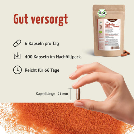 Rosehip Capsules Organic Refill Pack 400 pieces | Fine rosehip powder in capsule form | Organic quality | Over 66 daily doses | Vegan capsule shell | From Achterhof
