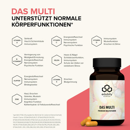 edubily nutrition® Multivitamin Capsules with vitamins, minerals &amp; trace elements such as chromium, iodine, copper, manganese, molybdenum, PQQ, Q10, selenium, zinc, without iron - 90 small capsules (Multi with iodine)