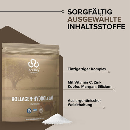 edubily nutrition® Collagen Powder • From certified pasture-fed farming • Premium collagen hydrolysate with co-factors for joint health and strong connective tissue • In a velcro bag (750 g)