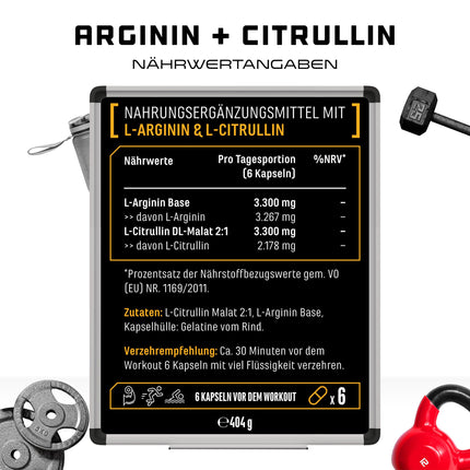 L-Arginine + L-Citrulline - 320 Capsules - 1100 mg per capsule - Citrulline + Arginine Base in a 1:1 ratio - Premium Amino Acids - Laboratory-tested quality - German Elite Nutrition