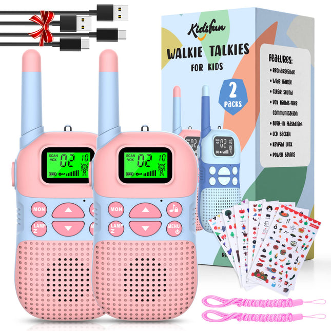 Kidsfun 2×Walkie Talkie Kids, USB Rechargeable Outdoor Toy Walkie Talkie with Flashlight, Gift for Boys and Girls Ages 3 and Up, 3-Mile Range for Shopping, Outdoors, Camping. Pink