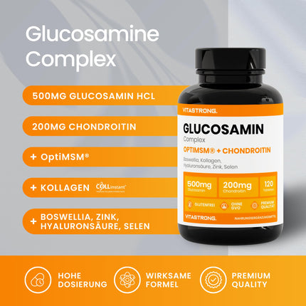 Glucosamine Chondroitin with MSM Collagen and Hyaluronic Acid, Zinc, Selenium, Manganese, Boswellia, Glucosamine Complex MSM Supplement, Bones, Joints, Cartilage, Vitastrong Premium Quality Gluten-Free Non-GMO