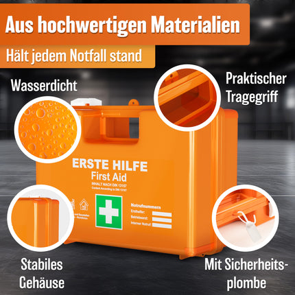 HELDENWERK first aid kit according to the new DIN 13157:2021 including wall bracket &amp; stickers | Universal first aid case for business, household or catering - office first aid kit filled, first aid kit