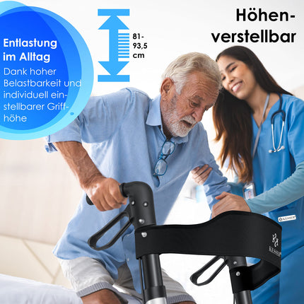 KESSER Rollator Aluminium Set, lightweight travel rollator with full equipment, 3-way foldable for trunk, travel and flight, height adjustable, belt, cane holder, walking frame, walking aid