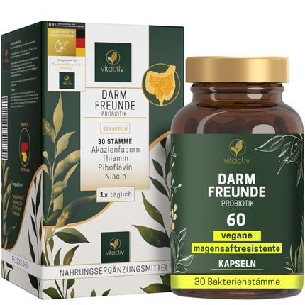 VITACTIV Intestinal Friends - Probiotic Culture Complex - 60 Probiotic Capsules - 30 Bacterial Strains, 100 Billion CFU/g - Lactobacillus &amp; Bifidobacteria, Acacia Fiber as Prebiotic, 8 B Vitamins