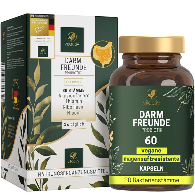 VITACTIV Intestinal Friends - Probiotic Culture Complex - 60 Probiotic Capsules - 30 Bacterial Strains, 100 Billion CFU/g - Lactobacillus &amp; Bifidobacteria, Acacia Fiber as Prebiotic, 8 B Vitamins