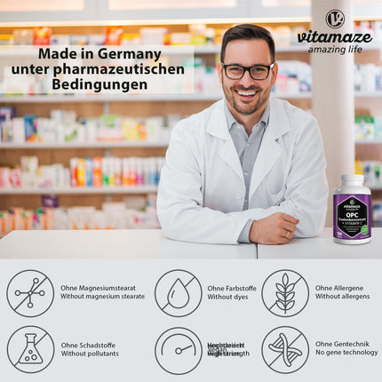 OPC grape seed extract capsules, certified, high-dose: 450 mg pure OPC, 180 capsules for 6 months, natural food supplement without additives, Made in Germany
