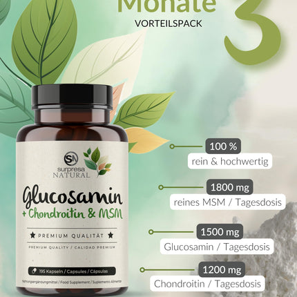 Surpresa Natural Glucosamine Chondroitin &amp; MSM Capsules High Dose I 3 x 195 Capsules I 4500 mg per daily dose I Dietary supplement without additives &amp; laboratory tested I 1 month supply