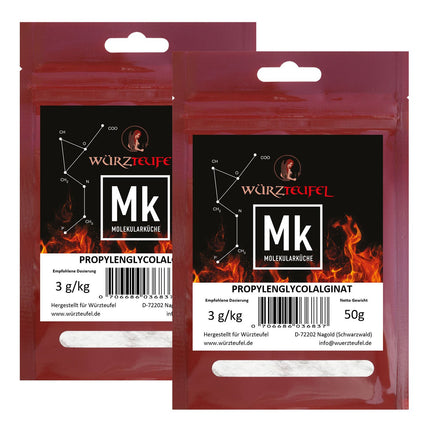 Propylene glycol alginate, PGA, E 405, algin, emulsifier, thickener for liqueurs and creams, molecular cuisine. 2 sachets, 50g each (100g).