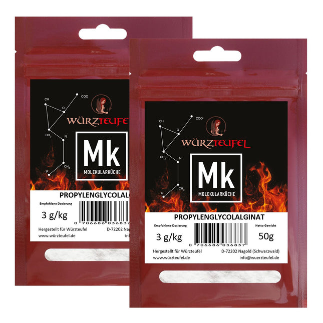 Propylene glycol alginate, PGA, E 405, algin, emulsifier, thickener for liqueurs and creams, molecular cuisine. 2 sachets, 50g each (100g).