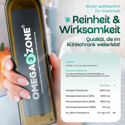 omega3zone Premium Omega-3 Fish Oil Liquid – High Dose: 5400 mg per serving in triglyceride form – Laboratory-tested, carefully purified, German production – 500 ml with lemon flavor