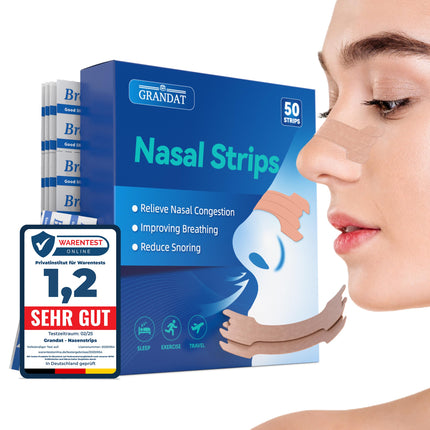grandat® nasal strips for snoring (50 pack) premium nasal strips for extra hold for sports &amp; better sleep quality, better breathing with nasal congestion, nasal strips for snoring