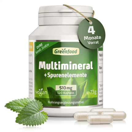 Greenfood Multimineral, high-dose, 510 mg - 120 capsules, vegan. Mineral complex &amp; trace elements - magnesium, calcium, zinc, selenium &amp; iodine - for bones, hair, nails &amp; nerves. From Greenfood.