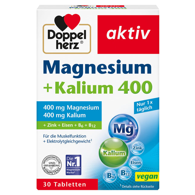 Doppelherz Magnesium + Potassium 400 – Magnesium and potassium contribute to normal muscle function – 30 tablets