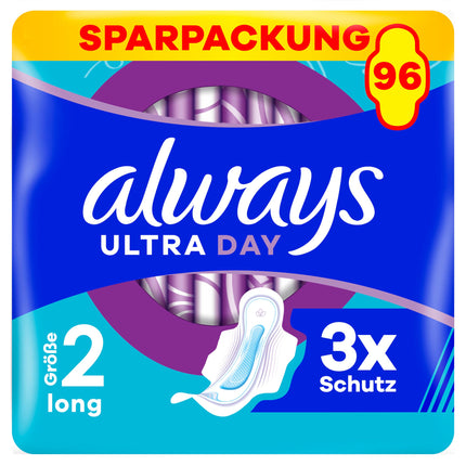 Always Ultra Pads Women Size 2, Long, 96 sanitary pads with wings (3 x 32 pads) Multipack, ultra-thin and super absorbent