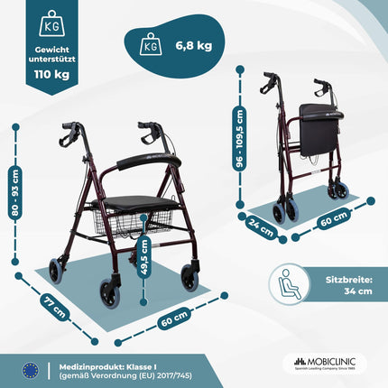Mobiclinic®, Rollator, Escorial, European brand, Foldable and lightweight, Lockable handbrake, Walking aid, Aluminum, Removable basket, With seat and backrest, Bordeaux