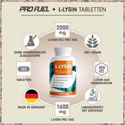 L-Lysine Tablets 365x - optimally high-dose with 2000 mg lysine HCL per day, of which 1600 mg pure L-Lysine - essential amino acid from fermentation - 100% vegan - laboratory-tested with certificate