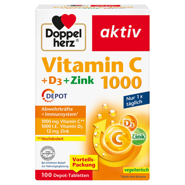 Doppelherz Vitamin C 1000 + D3 + Zinc - High dose with vitamin C and vitamin D to support the immune system and protect cells - 100 DEPOT tablets