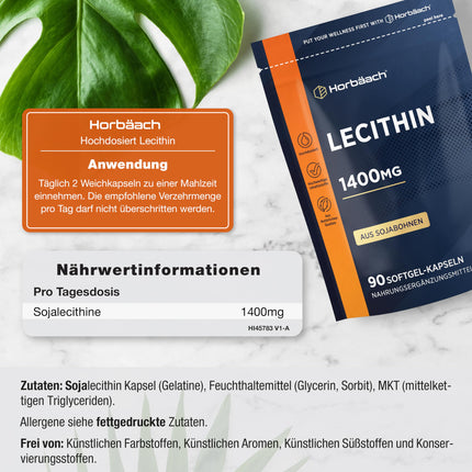 Lecithin Capsules 1400mg | High Dosage | 90 Soy Lecithin Softgels | Breastfeeding Vitamins with Vitamin E | Soy Lecithin | Horbaach