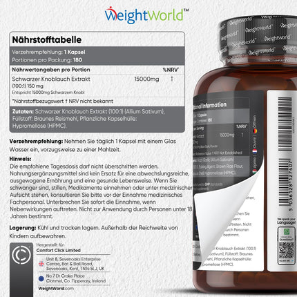 Black Garlic 100:1 - 15000mg per capsule - With Allicin &amp; S-Allylcysteine ​​- 180 vegan capsules - 6 month supply - For adults - By WeightWorld