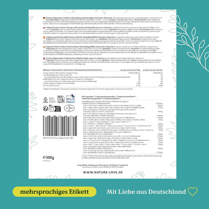 NATURE LOVE® Premium Collagen Powder - 500g Collagen - Peptides Type 1 and 3 - from grass-fed cattle - Tasteless - no added sugar or sweeteners