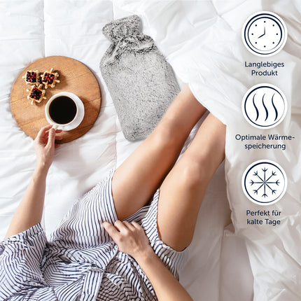 Blumtal Premium hot water bottle with soft faux fur cover 1.5l - hot water bottle made of natural rubber - hot water bottle girlfriend gift - hot water bag luxury - leak-proof hot water bottle gray