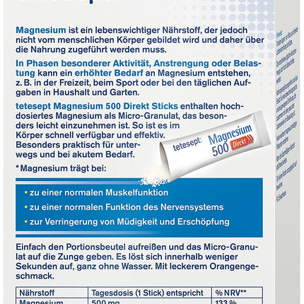 tetesept Magnesium 500 Direct – 1 x 20 Direct Sticks – Dietary supplement with magnesium powder for ingestion without water – Fast for active muscles