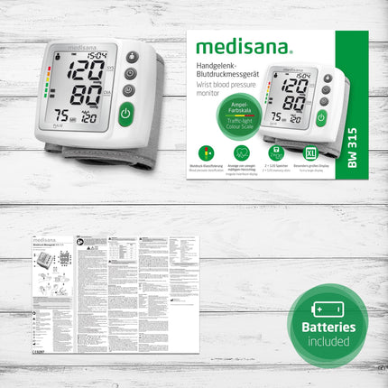 Medisana BW 315 wrist blood pressure monitor, precise blood pressure and pulse measurement, high blood pressure monitor with traffic light scale, blood pressure cuff with arrhythmia detection, memory function