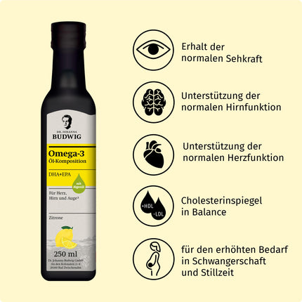 Dr. Johanna Budwig Omega 3 DHA+EPA Lemon (250ml) - Linseed oil &amp; Omega 3 algae oil - high dosage (EPA DHA) - vegan liquid algae oil, for children