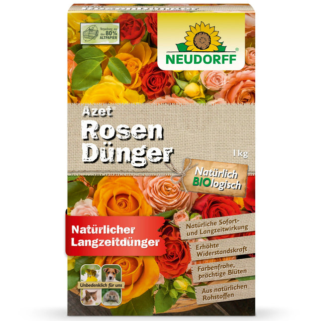 Neudorff Azet Rose Fertilizer – Organic rose fertilizer with 100 days of long-lasting effect ensures long-lasting colorful roses, perennials, and flowering plants, 1 kg, brown