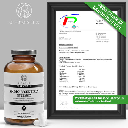 QIDOSHA® Master Amino Acid Complex tablets, formulated by Dr. Moretti, 360 tablets/jar, with 99% net nitrogen utilization (NNU), 8 essential amino acids, 100% vegan
