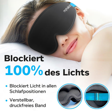 MyHalos® Sleep Mask – Blackout Sleep Mask for Women – 3D Sleep Mask for Men for Comfort without Pressure – Pre-shaped Sleep Mask for Complete Blackout – Black Blindfold with Case