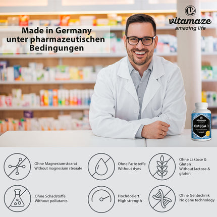 Omega 3 capsules, high-dose, 400 mg EPA &amp; 300 mg DHA in triglyceride form for 3 months, 1 capsule per day, 1000 mg fish oil from sustainable fishing, highest bioavailability, Made in Germany
