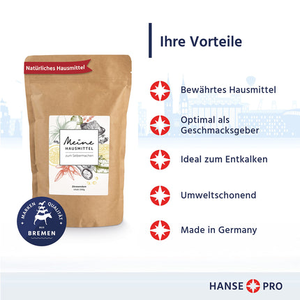 HANSE PRO Citric Acid, 1 x 1000 g I Powder I Natural household remedy I High-quality food grade I Descaler I Preservative