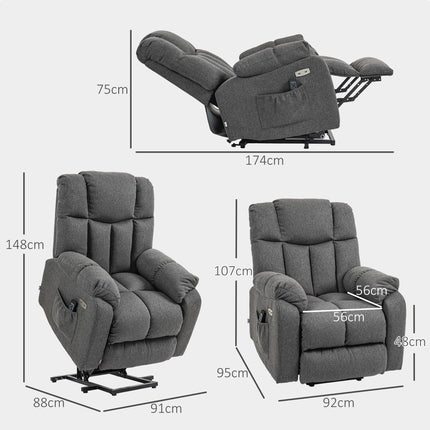 HOMCOM TV Chair with Stand-Up Aid, Electric Adjustable, Recliner Chair with Reclining Function, TV Chair with Remote Control, 2 Side Pockets and Footrest, USB Port, Dark Grey