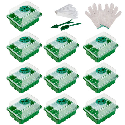 Fohil 10 Pieces Indoor Greenhouse Propagator, Mini Greenhouse Propagation Set, Plastic Propagation Trays with Small Garden Tools and Plant Label, 12 Holes, Ideal for Seedling Plant Cultivation