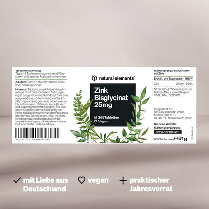 Zinc 25mg – 365 tablets – well-tolerated zinc bisglycinate (zinc chelate) – vegan, high-dose, without unnecessary additives – produced in Germany &amp; laboratory-tested