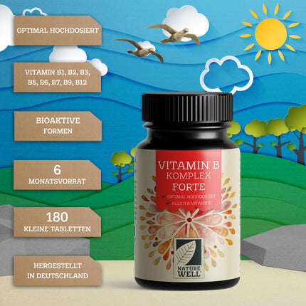 Vitamin B Complex high-dose - 180 tablets - all 8 essential B vitamins in bioactive form - with folic acid, choline &amp; myo-inositol (co-factors), laboratory-tested with certificate &amp; vegan