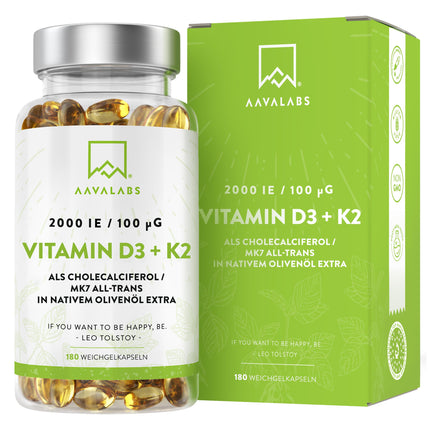 Vitamin D3 K2 high dose with virgin olive oil - Vitamin D high dose 2000 IU + Vitamin K2 MK7 100μg - Sunshine vitamins Vitamin D K2 GMO-, gluten- and lactose-free 180 Vitamin D3 K2 capsules high dose