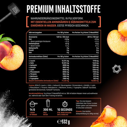 EAA Powder 532 g - All 9 essential amino acids including histidine &amp; BCAA - Human Code Formula - Amino Workout Drink - Delicious &amp; Top Solubility - Vegan (Ice Tea Peach)