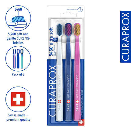 Curaprox Toothbrush Set CS 5460-3-Pack Ultra Soft Manual Toothbrush for Adults 5460 with super soft CUREN bristles -Random Color