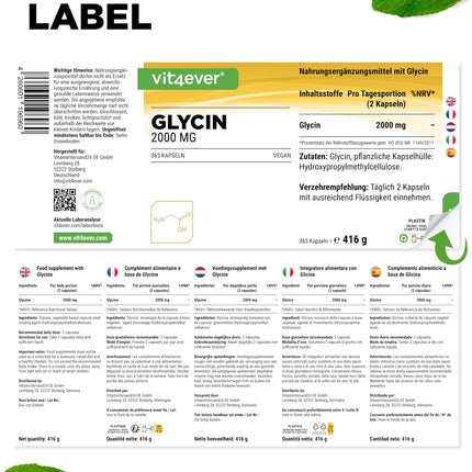 Glycine - 365 Capsules - Highly dosed with 2000 mg L-Glycine per daily serving - Particularly high purity - no additives - Vegan