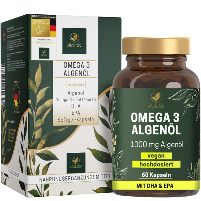 VITACTIV Omega 3 Algae Oil Capsules - 60 Capsules - Marine Omega 3 Vegan, High Dose with 1000mg Microalgae Oil per Daily Dose - 450mg Omega-3 Fatty Acids DHA &amp; EPA (2:1) - Heart, Brain, Eyes - Laboratory Tested