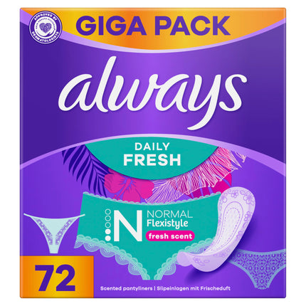 Always Daily Fresh Normal Flexistyle Panty Liners 72 Pieces, With Fresh Fragrance, Flexible, Adapts to All Panty Shapes