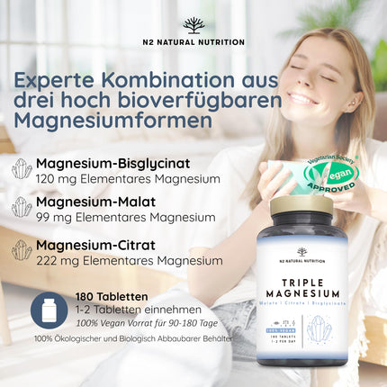 High-dose magnesium complex, 440 mg elemental magnesium per daily dose. Triple magnesium with: magnesium citrate 1440 mg, magnesium bisglycinate 600 mg, magnesium malate 600 mg. 180 tablets. 3-month supply. N2