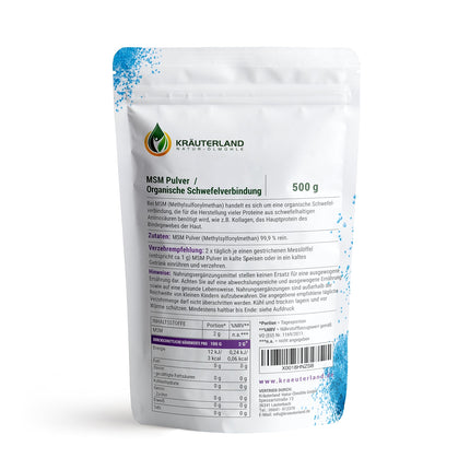 Kräuterland MSM Powder (Methylsulfonylmethane) 500g - high dosage, pure organic sulfur - natural, vegan - premium quality without additives