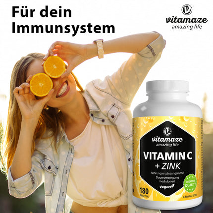 High-dose vitamin C 1000 mg + zinc, vegan &amp; optimally bioavailable, 180 tablets for 6 months, natural food supplement without unnecessary additives, made in Germany