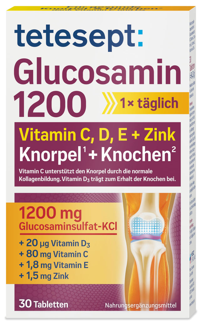tetesept Glucosamine 1200 - 1 x 30 tablets - Supplement with glucosamine and high-dose vitamin D3 &amp; vitamin C - for healthy bones and cartilage (dietary supplement)
