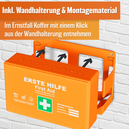 HELDENWERK first aid kit according to the new DIN 13157:2021 including wall bracket &amp; stickers | Universal first aid case for business, household or catering - office first aid kit filled, first aid kit